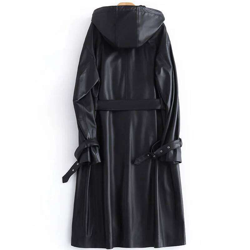Lautaro-Long PU Leather Trench Coat For Women, Long Sleeve Belt, Waterproof Raincoat, Black, Spring, Autumn, 2024