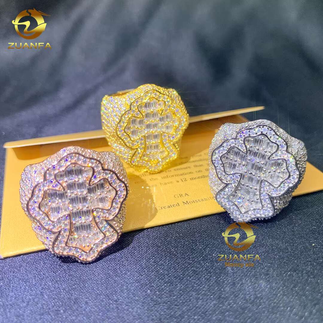 Fashion Cross Style Mans 925 Sterling Silver Ice Out Moissanite Diamond Hip Hop Rapper Jewelry Cuban Ring