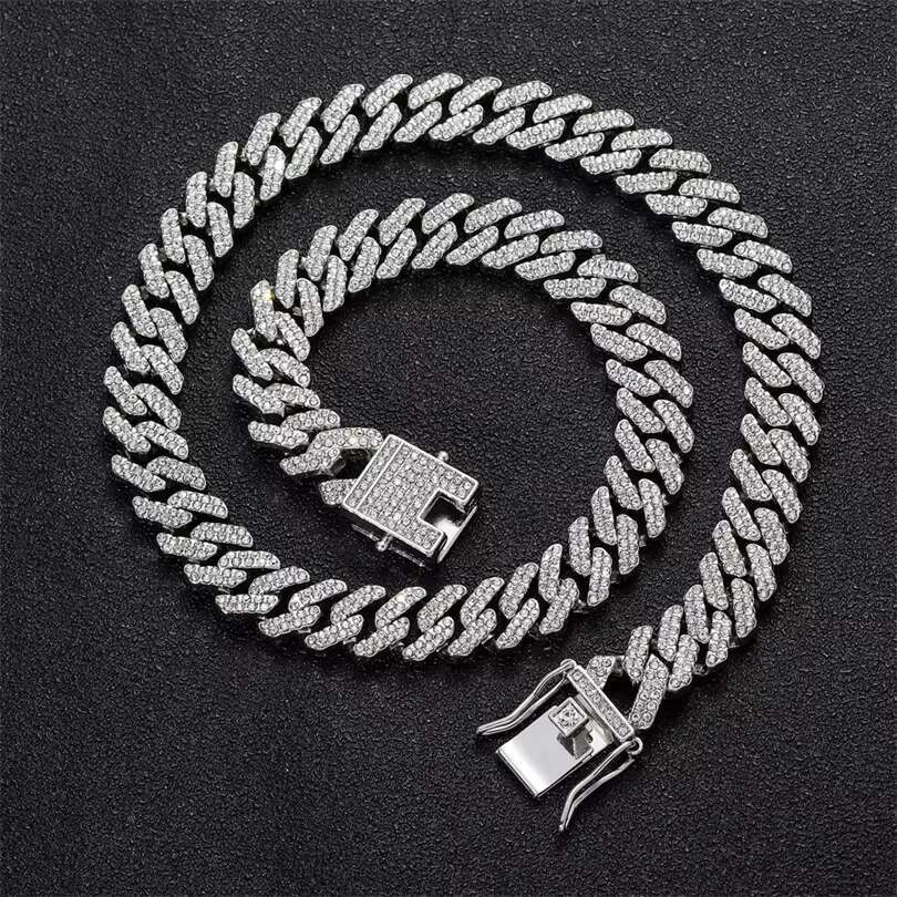 Wholesale 925 Silver Cuban Chain Hip Hop Link Necklace 13-15mm Wide 2 Rows Moissanite Diamond Ready to Ship for Men