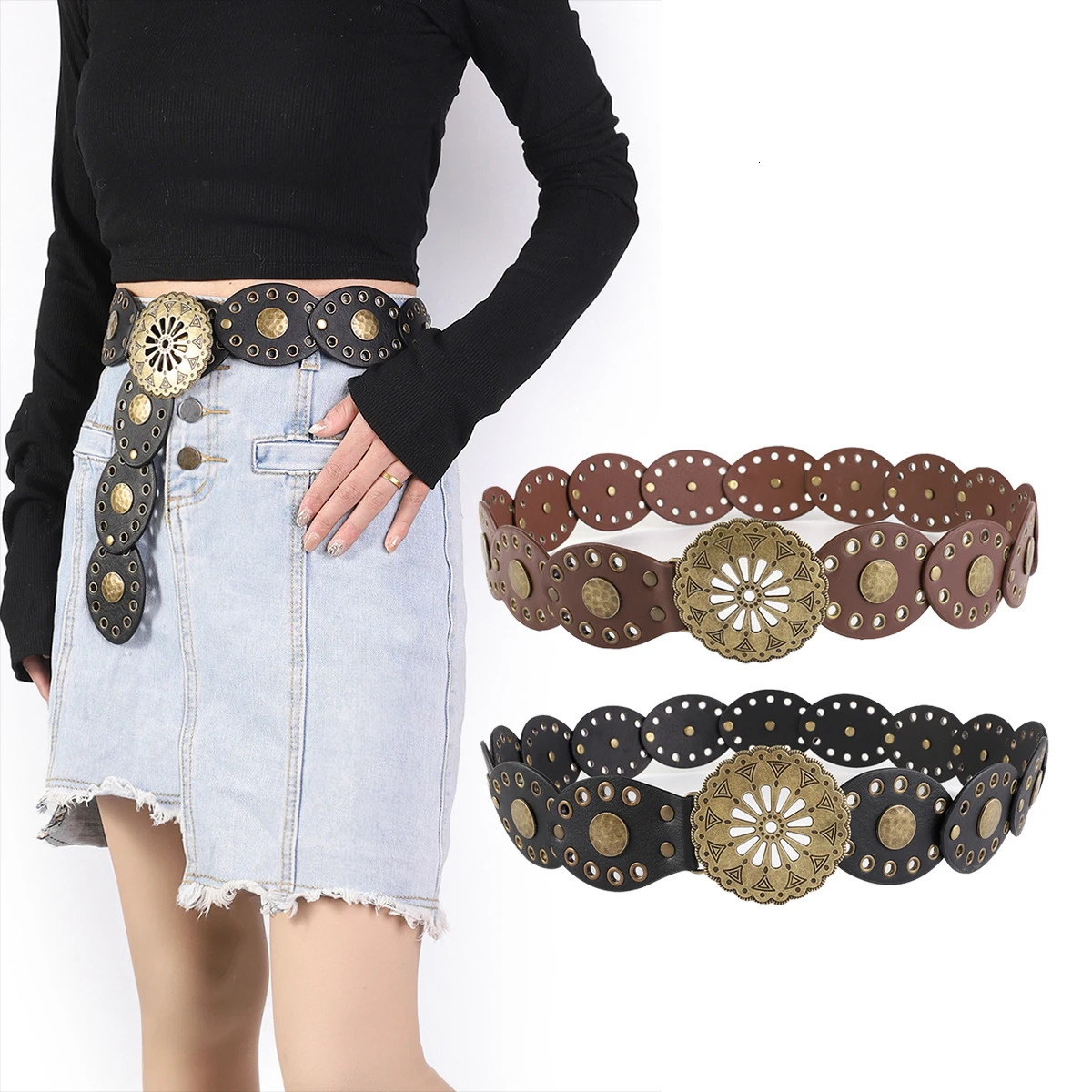 retro western cowboy belt personality round hollow metal wide belt for women 250618