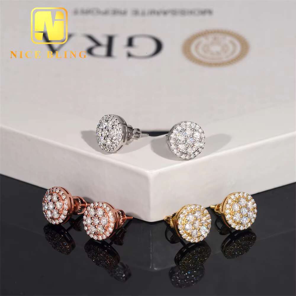 GRA Certificate Round Diamond Hip Hop Jewelry Iced Out Ear Studs 925 Sterling Silver Moissanite Stud Earring for Women