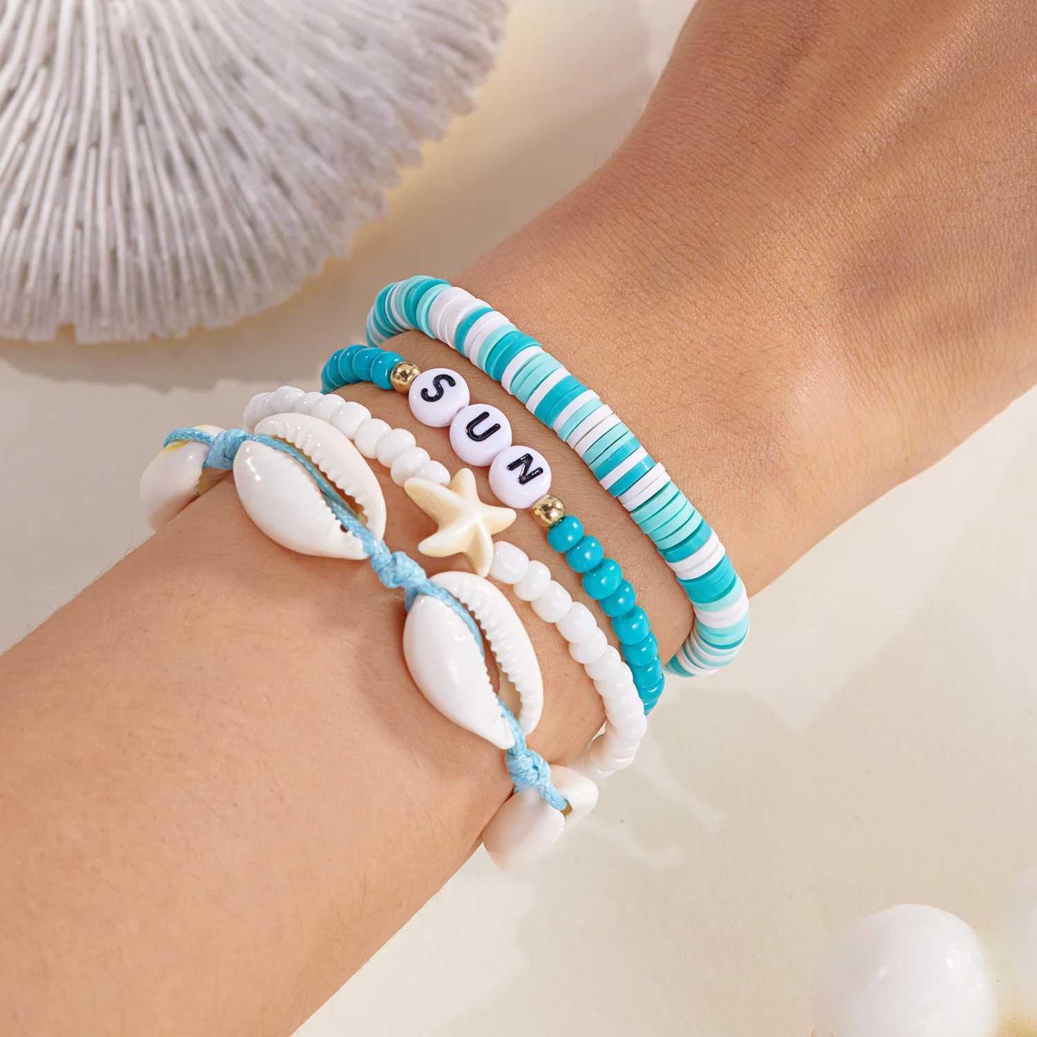 Summer Bohen Flower Starfish Sea Turtle Pendant Bracelet Set for Women Polymer Clay Colorful Beaded Bangle Beach Jewelry X250625