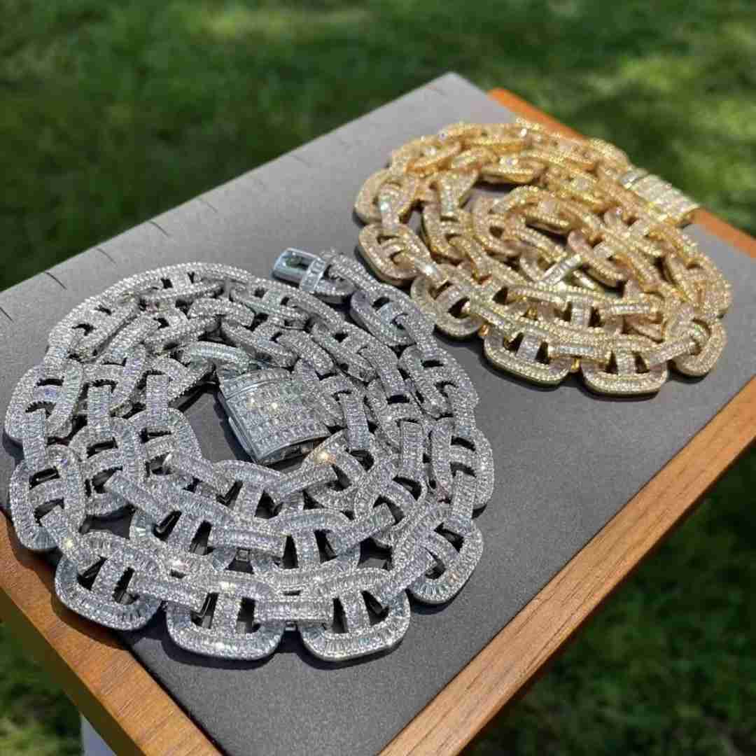 High Quality 16mm Baguette Hip Hop Link Chain 925 Sterling Silver Necklace Iced Out Cuban Necklace Men VVS Mossanite Necklace