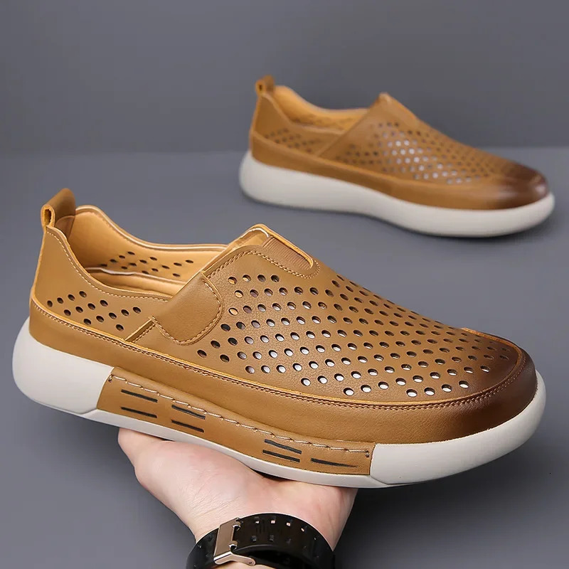 Men Hollow Hole Casual and Versatile Leather Shoes One Step Hole Punch Shoes Toe Thick Soled Leather Shoes 250624