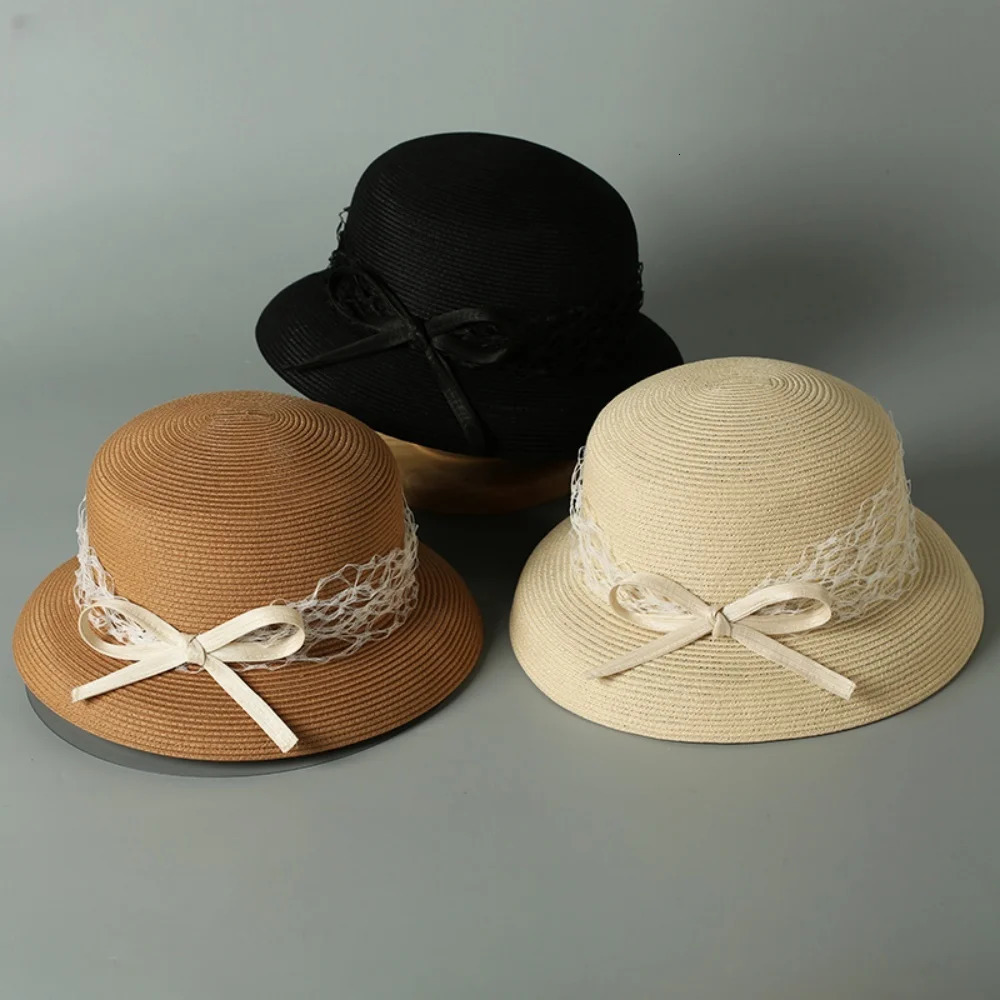 Silk and linen Decoration Line Straw Hat Pography Hat Sunscreen UV Protection Beach Sun Visor Farmers Bow Straw Hats 250624