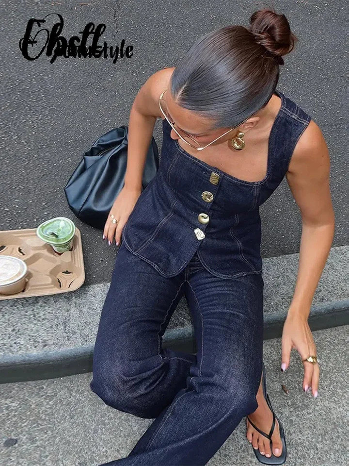 Denim Square Collar Vest Jeans Set Womens Slim Single Breasted Sleeveless Tank Top High Waist Pants 2025 Lady Street Outfit 250616