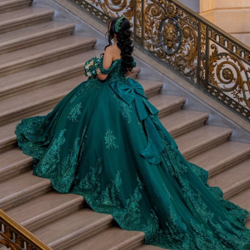Blackish Green Shiny Quinceanera Dresses Ball Gown Off The Shoulder Applique Lace Beading Bow Tull Corset Sweet 16 Dress Vestidos 15 Anos