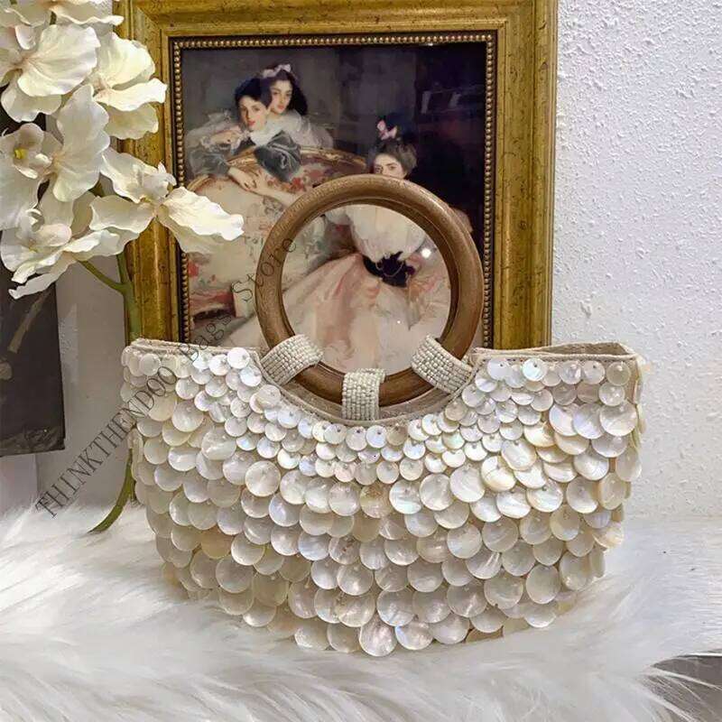 Handmade Shell Beach Bag With Wooden Handle Bohemian Vacation Handbag For Women Summer Travel And Evening Event