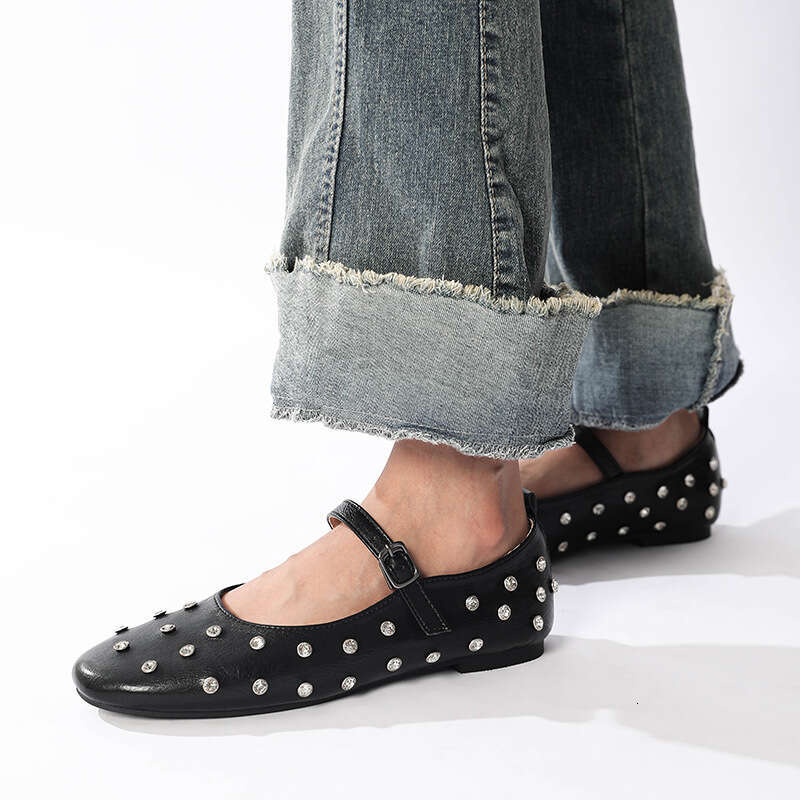 Mary Jane for Women 2024 Spring Summer New Square Toe Studded Rhinestone Flat Strap Genuine Leather Ballet Shoes