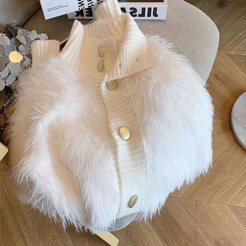 Mink Cashmere Temperament High Neck Sweaters Sueters De Mujer Korean Fashion Pull Femme Long Sleeve Short Cardigan Knitted Tops