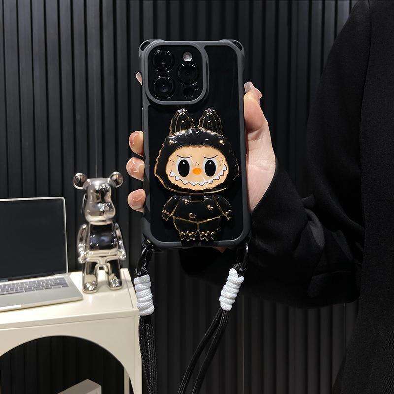 Cartoon Labubu Mirror Stand Compatible with iPhone 16 Case 12 Apple 15 Four-Corner Lanyard Anti-Drop Huawei