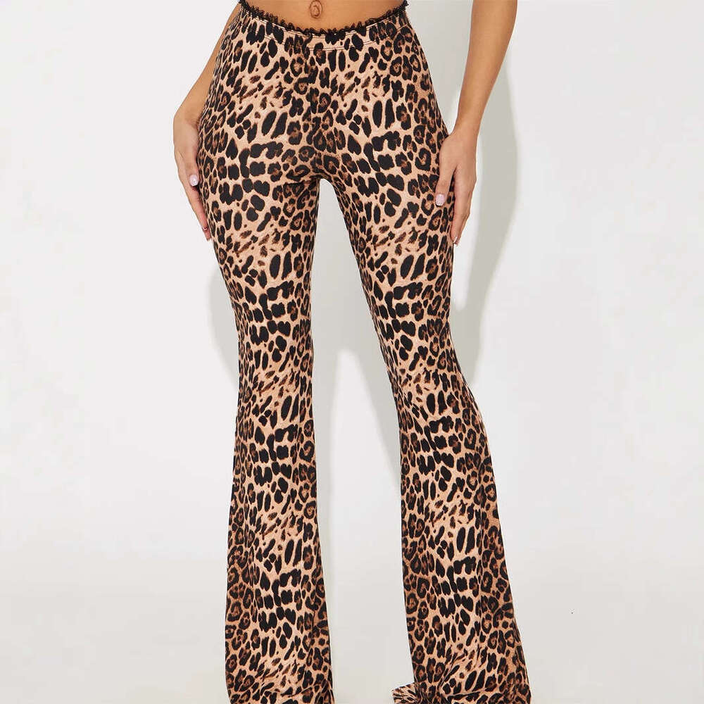New Women's Casual Leopard Print Lace Trim Patchwork Mid-Waist Slim Fit Hip-Lifting Pants B5