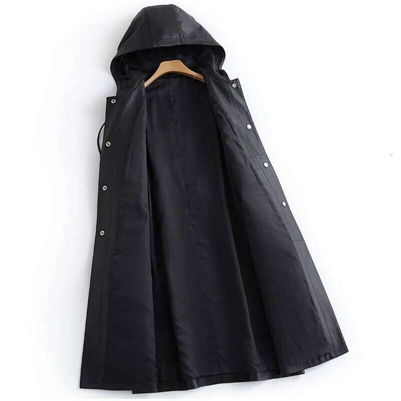 Lautaro-Long PU Leather Trench Coat For Women, Long Sleeve Belt, Waterproof Raincoat, Black, Spring, Autumn, 2024