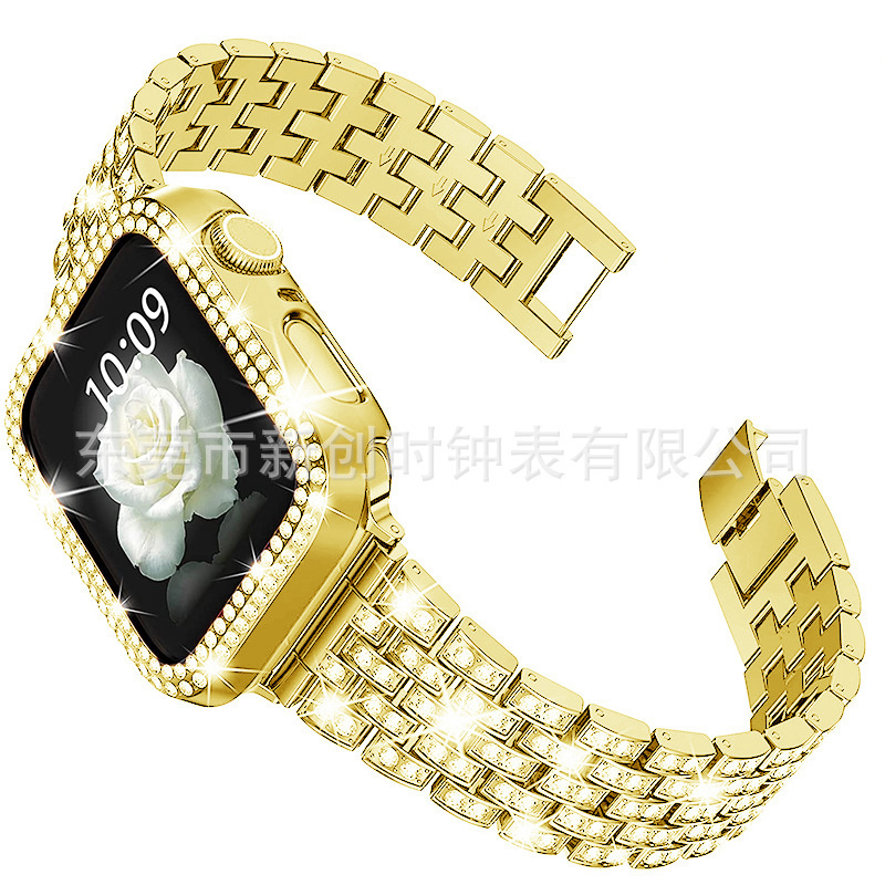 Luxury Premium Five-Link Full Rhinestone Stainless Steel iWatch Band Designer Elegant Metal Strap for iWatch Smart Series 1-9 Glamorous Bling Accessor