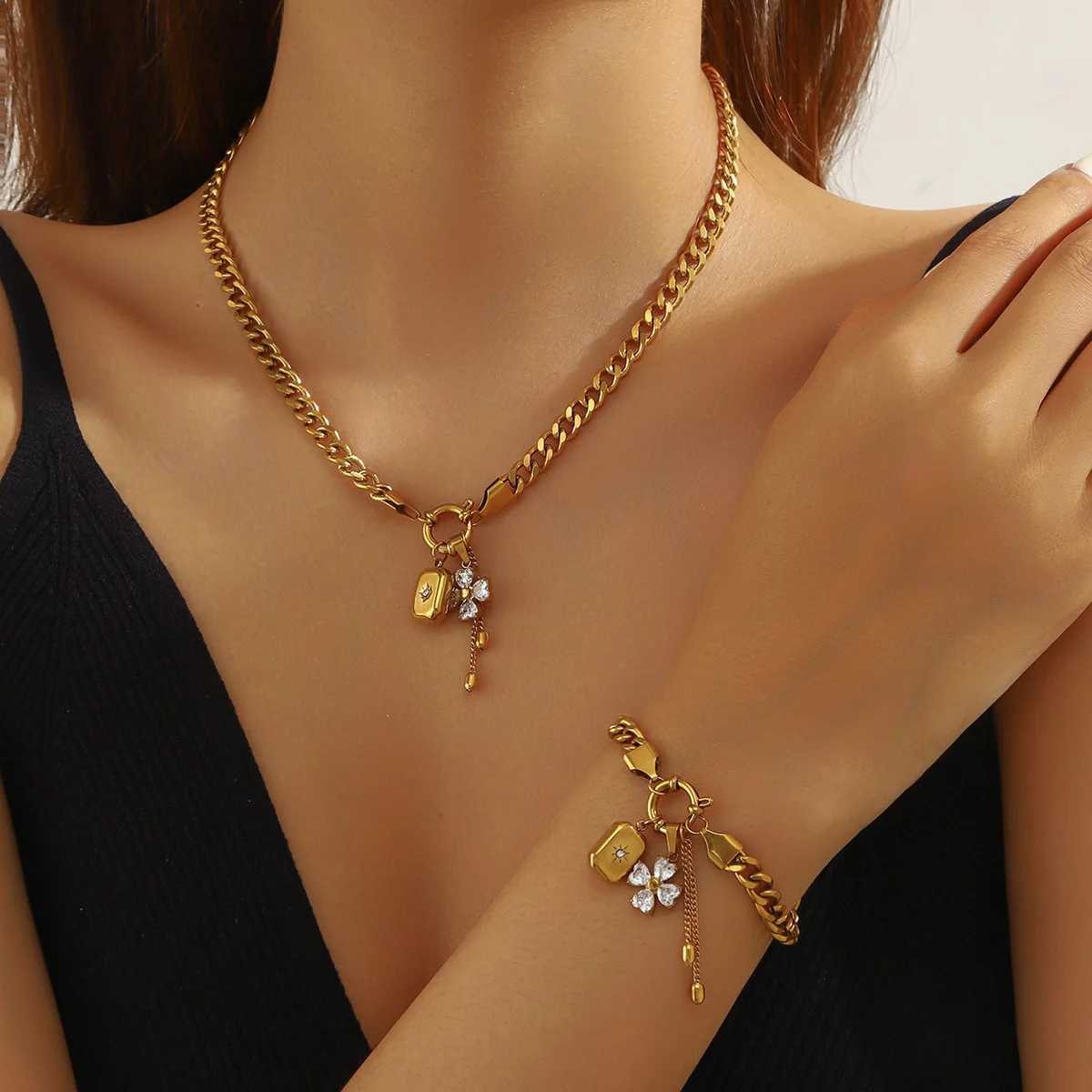 LAMENGLY 316L Stainless Steel Zircon Inlay Flower Cuboid Tassels Pendant Bracelet For Women Creative Novel Hand Chain Party Gift X250625
