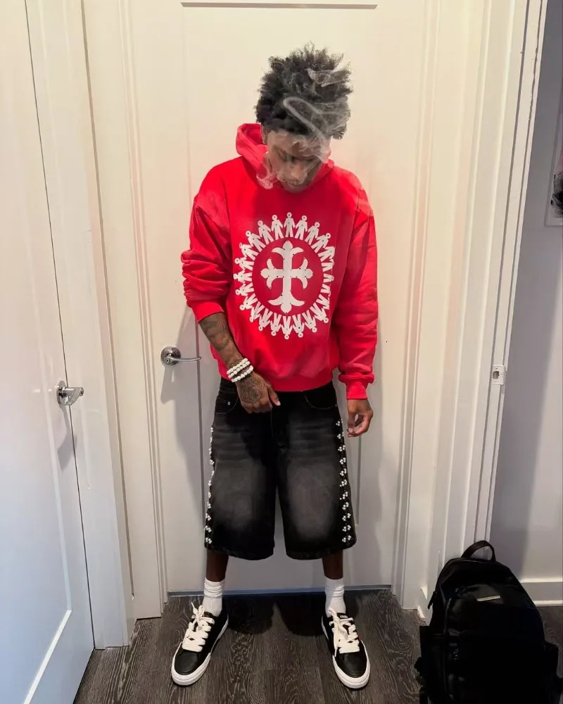 Streetwear Gothic Harajuku fashion men pullovers American trend red printed hoodie Hip hop punk casual loose sweatshirt 250618