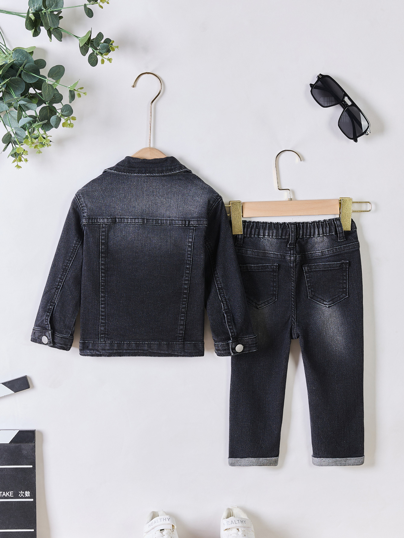 Trendy Kids Attire: Coordinated Shirts-and-Pants Combination Featuring Durable Black Cotton Material