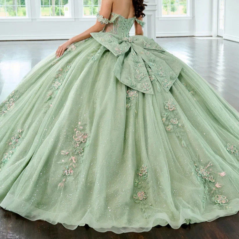 Sage Green Glitter Quinceanera Dresses Ball Gown Lace Applique Beaded Bow Tull Mexican Sweet 16 Dress Vestido De 15 Anos
