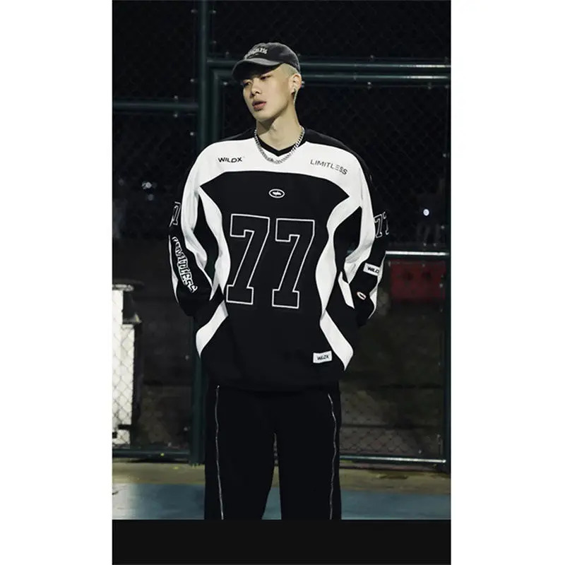 American Retro Motorcycle Long Sleeve Shirt Men Women Autumn Street Cool Patchwork Sports Ice Hockey Suit Sweatshirt 250618