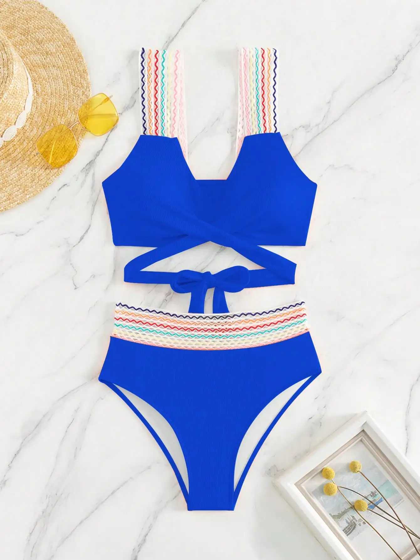 Solid color bikini top with colorful shoulder straps slimming separate high-waisted shorts summer swimwearXJ250624
