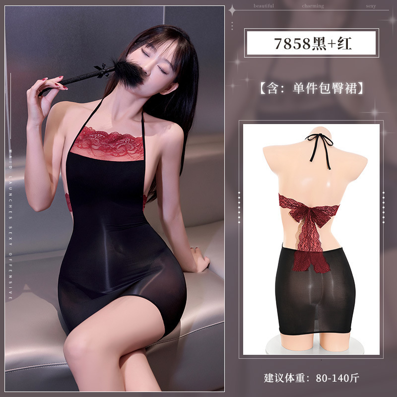 Feimu Lingerie Hollow Waist Sexy Lace Bellyband Glossy Bodycon Dress Thin Temptation Strap Horse Oil Stockings