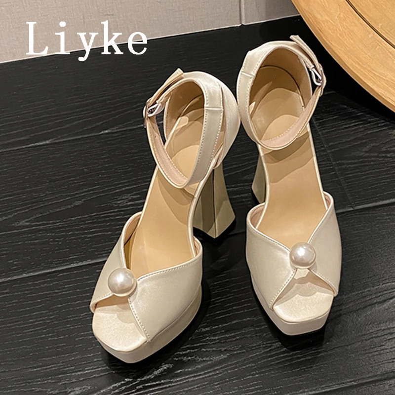 Liyke Sexy 13.5CM Super High Heels Platform Sandals Women Summer Fashion White Pearl Peep Toe Wedding Banquet Shoe Zapatos Mujer 250624