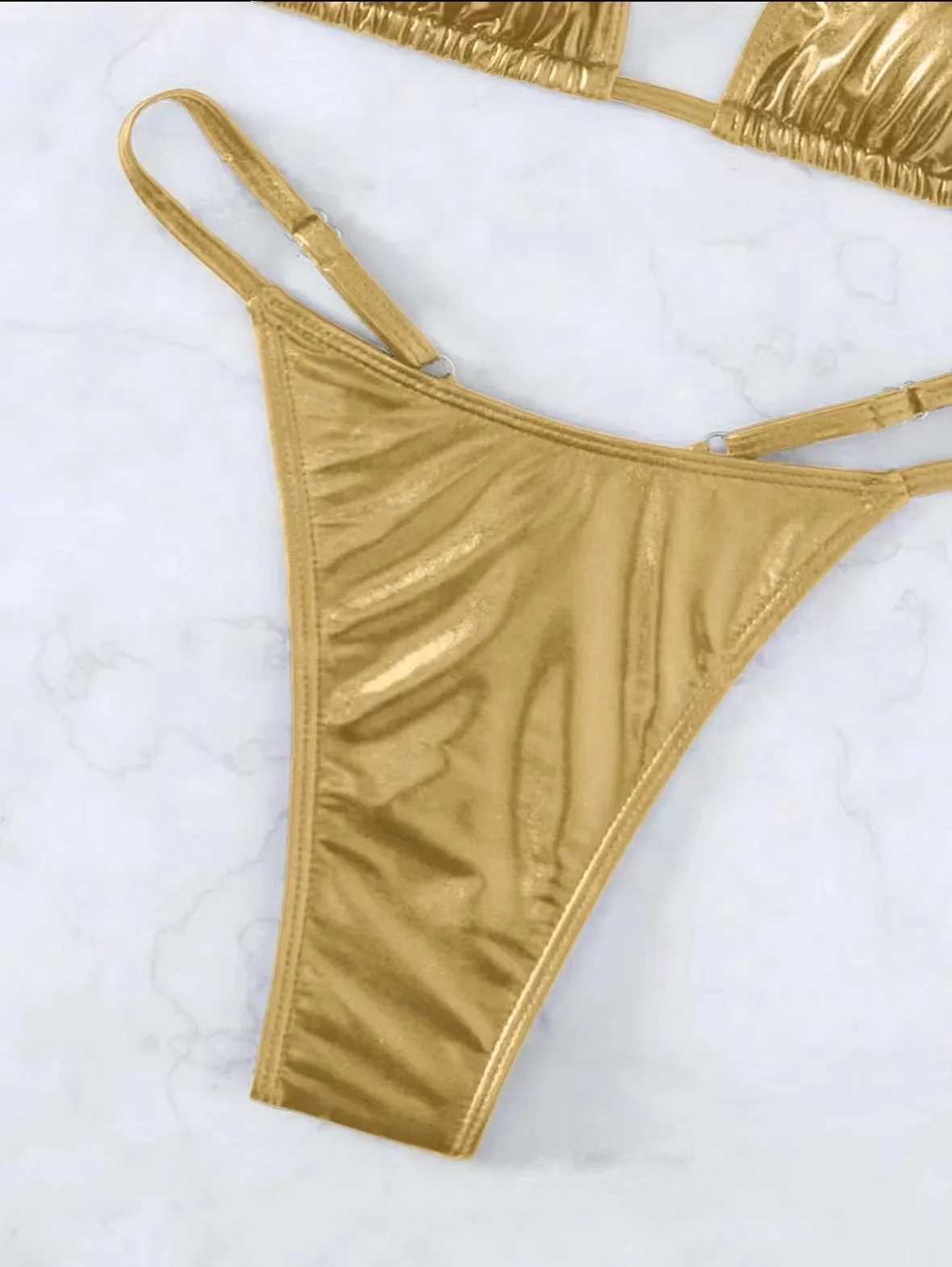 sexy metallic gold glitter halter bikini sets two pieces 2025 women thong bandage swimsuit female bathing suit swimwear bikini XJ250624