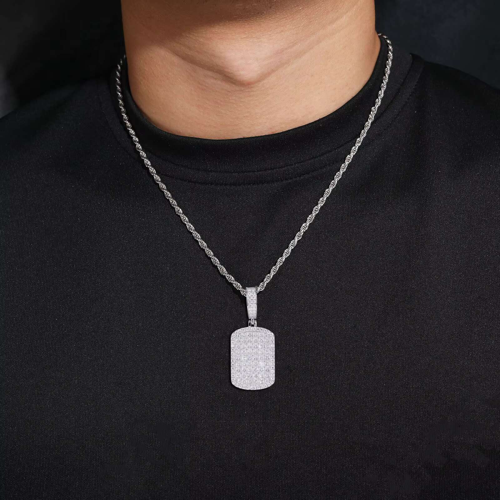 European American S925 Silver Moissanite Necklace Cross-Border Hip-Hop Military Brand Rectangular Square Diamond Pendant Trendy
