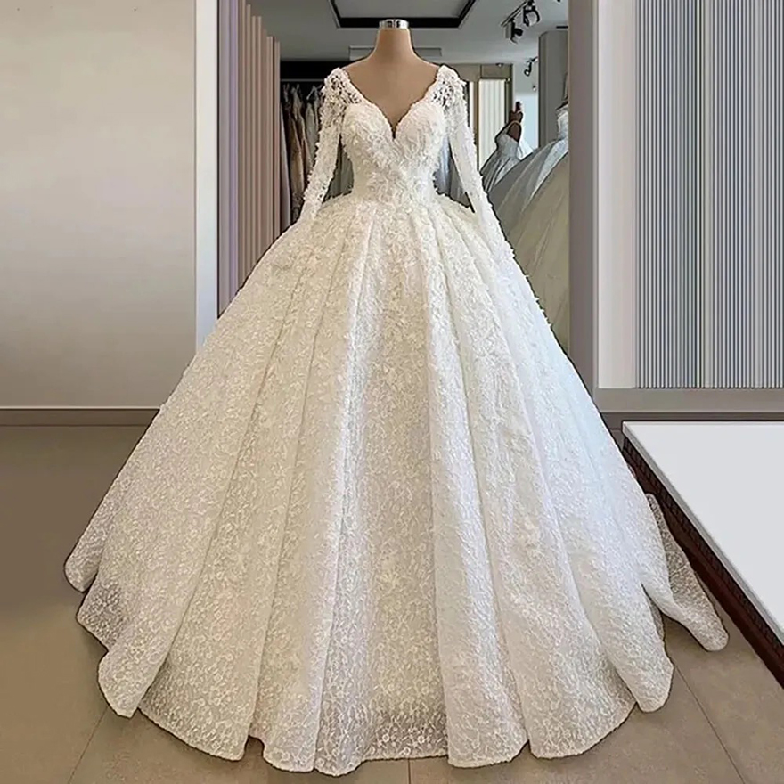 A-Line Wedding Dresses Ivory Bridal Gowns Formal White New Custom Plus Size Lace Up Applique Zipper Long Sleeve Lace V-Neck Hand Made Flowers