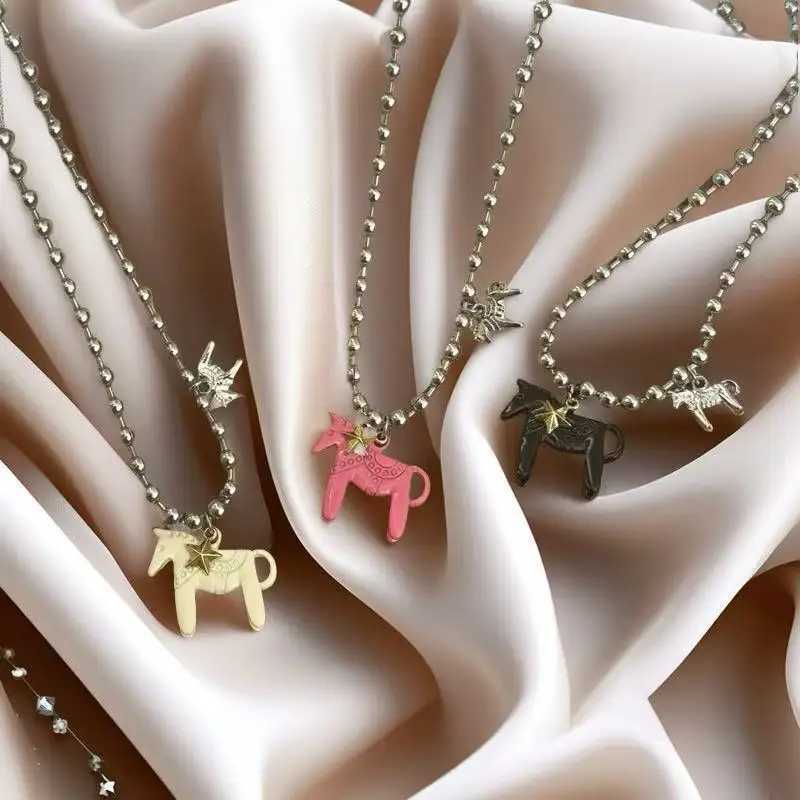 LATS White Black Green Blue Pink Color Enamel Colt Horse Pendant Necklaces for Women Silver Plated Alloy Beads Chain Chokers V250625