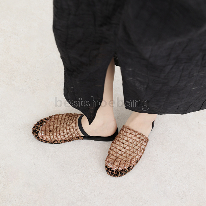 fishing net slides summer designer sandals casual slippers hollow out mesh womens sliders daily fashion slip-on half slipper flip flops size 35-40