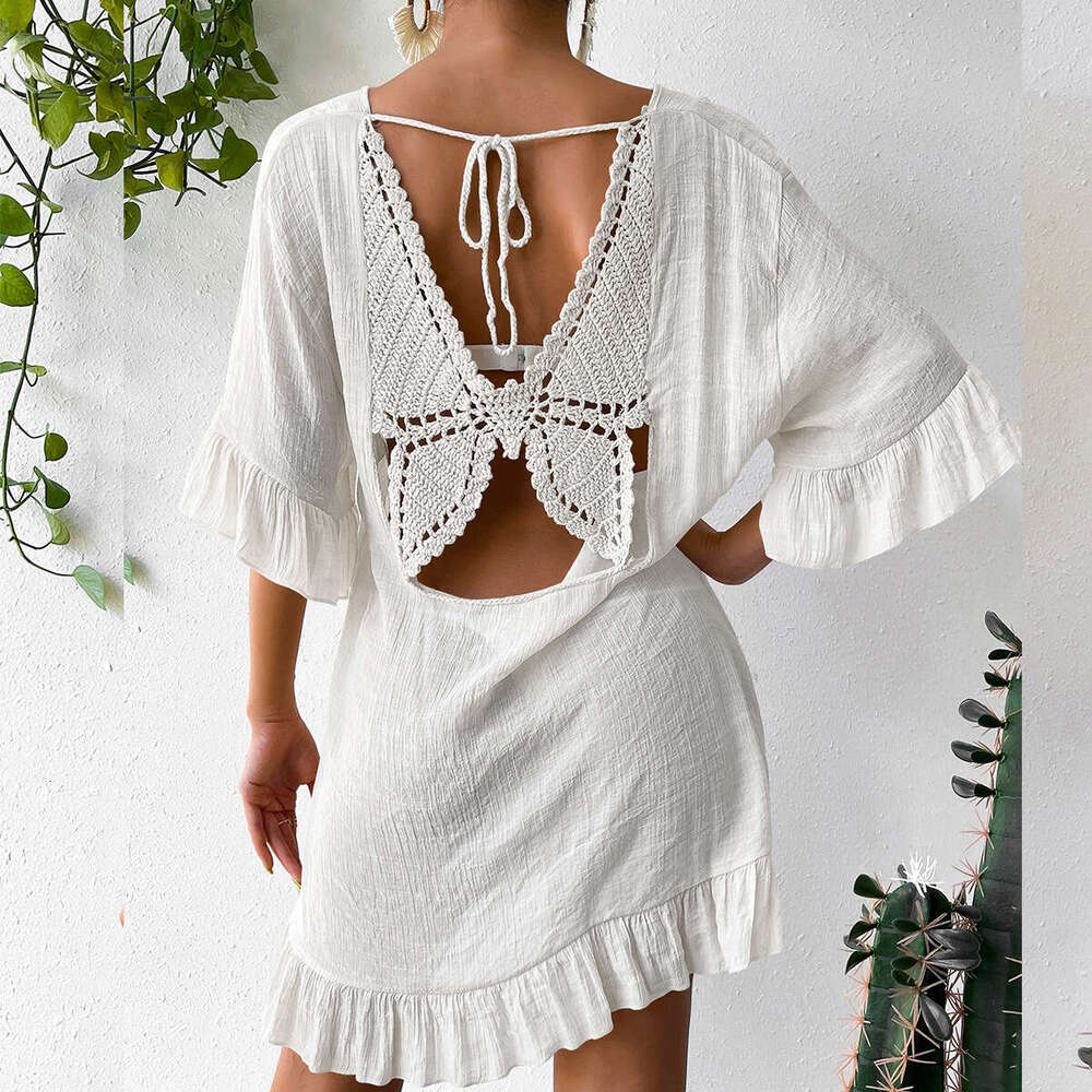 Beach Cover-Up Sun Protection Dress Back Butterfly New V-Neck Flare Sleeve B5