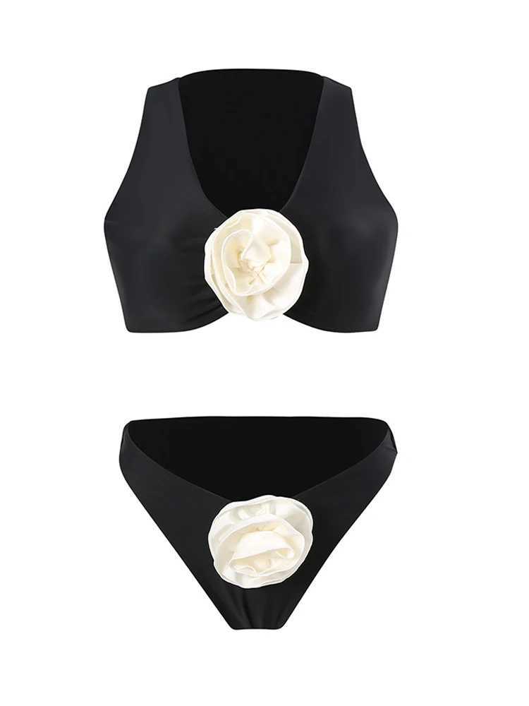 White 3D Flower Black Feminine Bikini Sets Sexy High Waisted Womens Two-piece Swimsuit 2024 Trend Brazilian Beach Outfit XJ250624