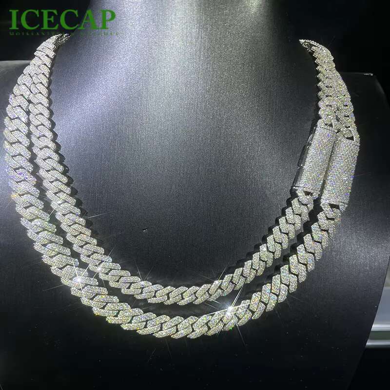 Hiphop Jewelry Moissanite Chain 10mm 12mm 2rows 925 Sterling Silver Pass Diamond Tester Cuban Link Chain Necklace for Men Gift