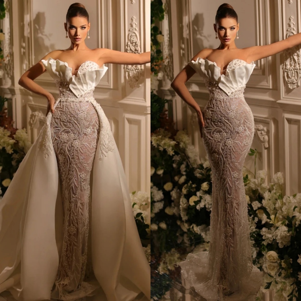 Classic Wedding Dresses Appliques Pearls Bridal Gowns with Detachable Train Strapless Sleeveless Mermaid Customized Bride Vestidos De Novia Plus Size