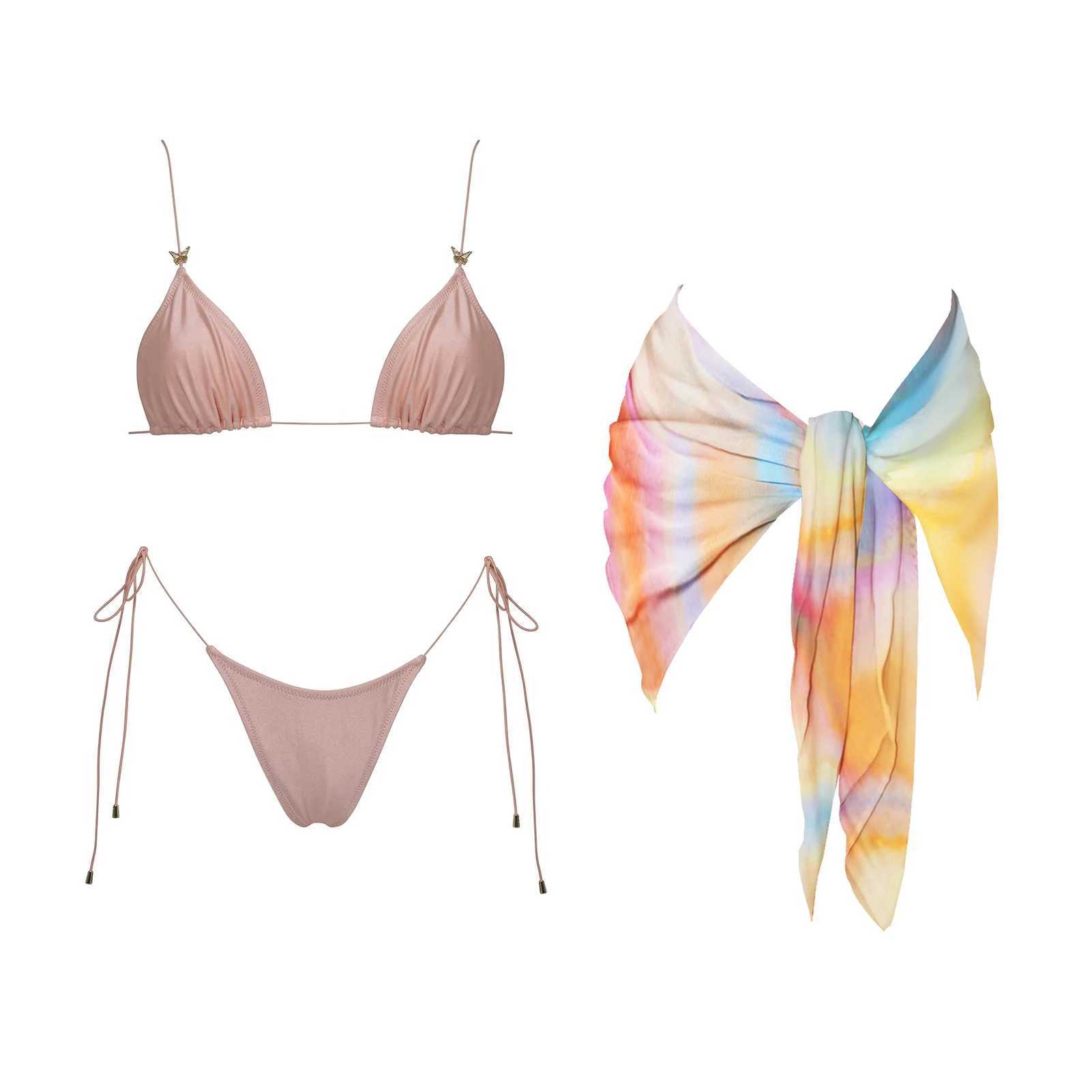 3Pcs Mirco Bikini 2025 Sexy Swimsuit Women Push Up Swimwear Bandeau Biquini Female Pink Bodysuit Bathing Suits Sarong Mini SkirtXJ250624