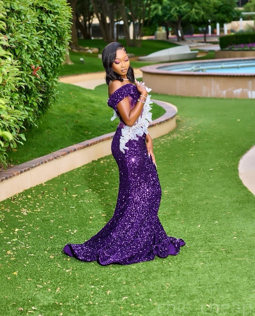 Purple Mermaid Prom Dresses 2025 Sequined Florals Pearls Evening Formal Party Second Birthday Engagement Gowns Plus Size Dress For Special Occasions