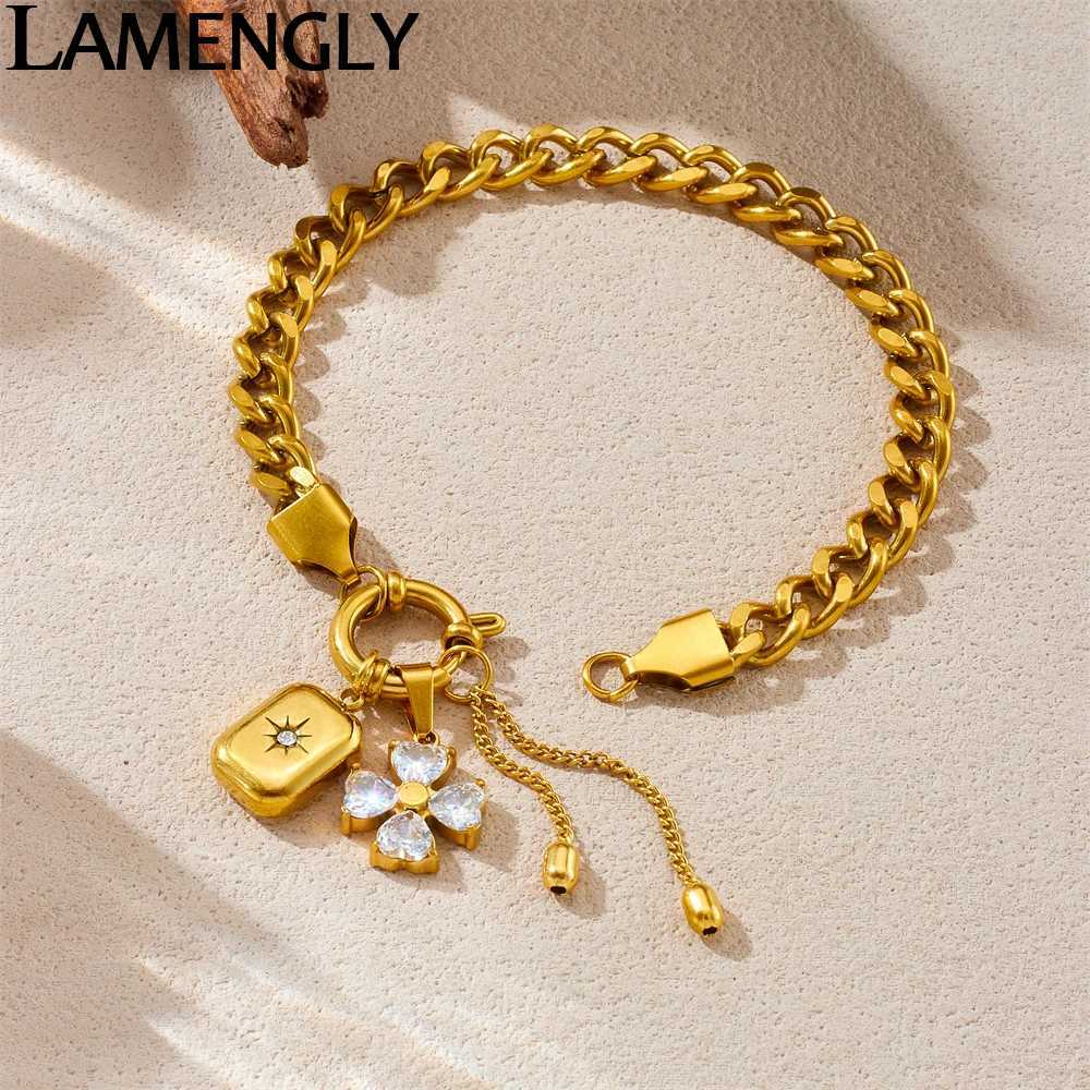 LAMENGLY 316L Stainless Steel Zircon Inlay Flower Cuboid Tassels Pendant Bracelet For Women Creative Novel Hand Chain Party Gift X250625