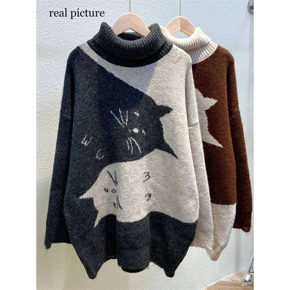Women's Oversized Sweater Knitted Autumn Winter Turtleneck Cute Cat Print Knit Pullover Warm Sweaters for Women C-062
