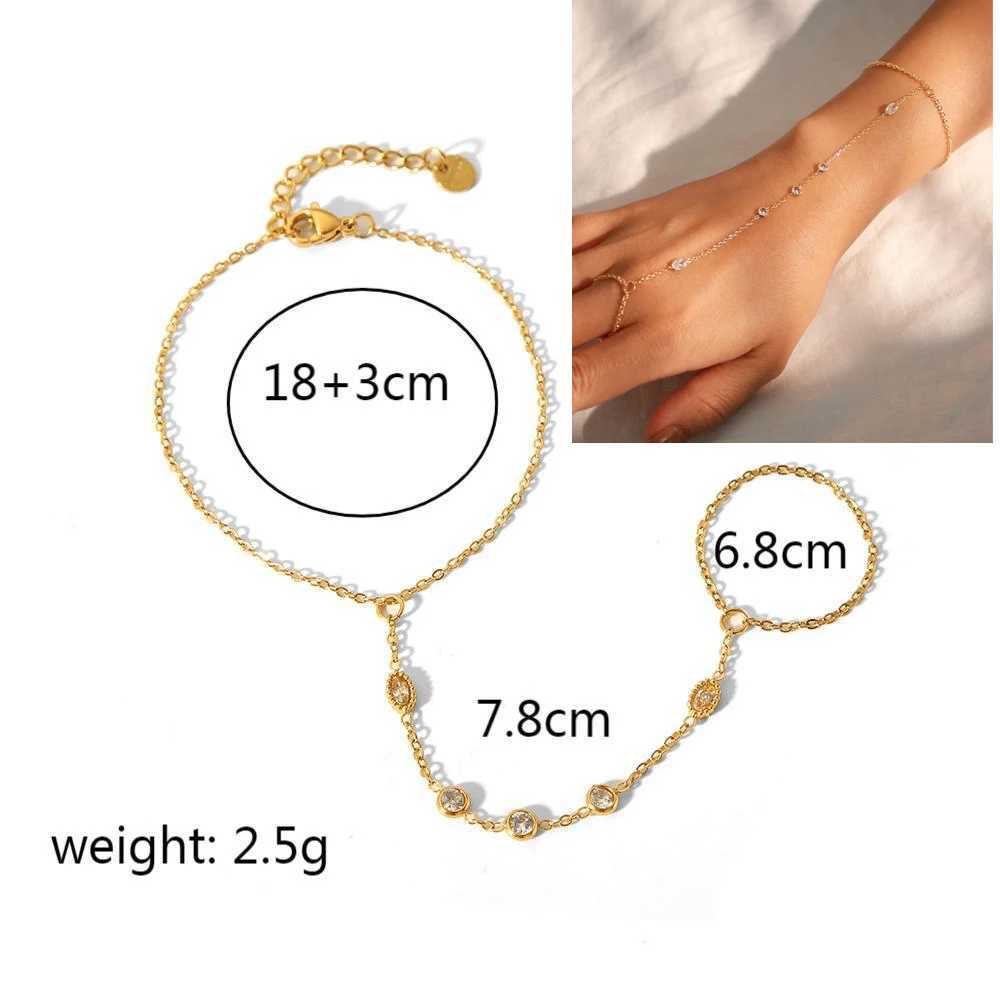 14K Gold Plated Stainless Steel Hand Chains Bracelet for Women Dainty Cubic Zirconia Bracelet and Ring Chain Body Jewelry X2507181