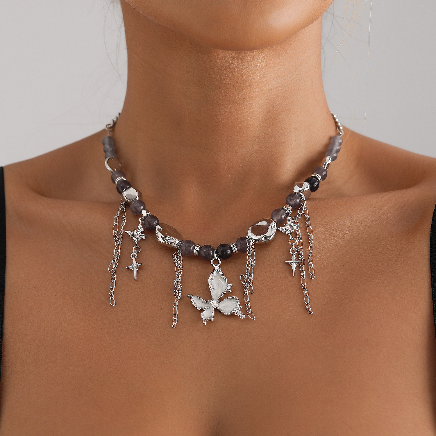 Jewelry Enamel Butterfly Pendant Clavicle Chain Cat's Eye Stone Spliced Beaded Four-Pointed Star Tassel Necklace for Women Jewelry for Women