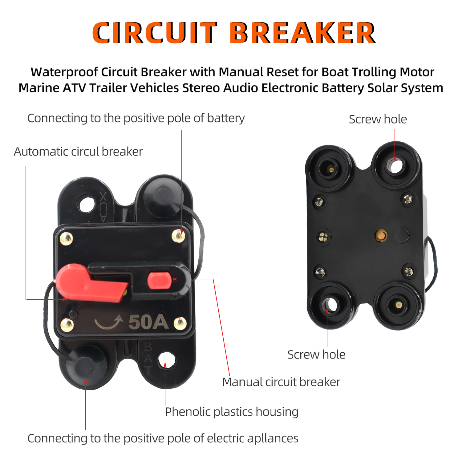 RV car circuit protector self recovering fuse holder square recoverable circuit breaker 50A-200A