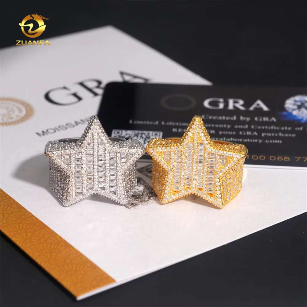 Luxury Fine Jewelry 925 Sterling Silver VVS Baguette Moissanite Diamond Men Rings Hiphop Bling Iced Out Star Ring