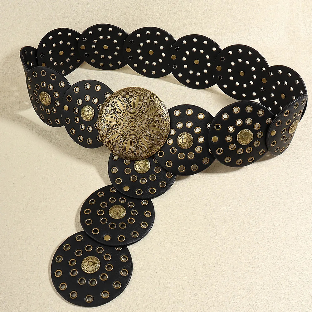 Vintage Womens Western Denim Belt High Quality Metal Hollow Ladies Trend Wide Round Cutout Waistband Personalized Round Belts 250618