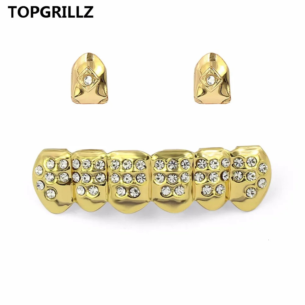 TOP Light Yellow Gold Color Plated 2 Single Top Teeth Cap Tooth Grills Two Lines Bottom Hip Hop Grill For Gift 250606