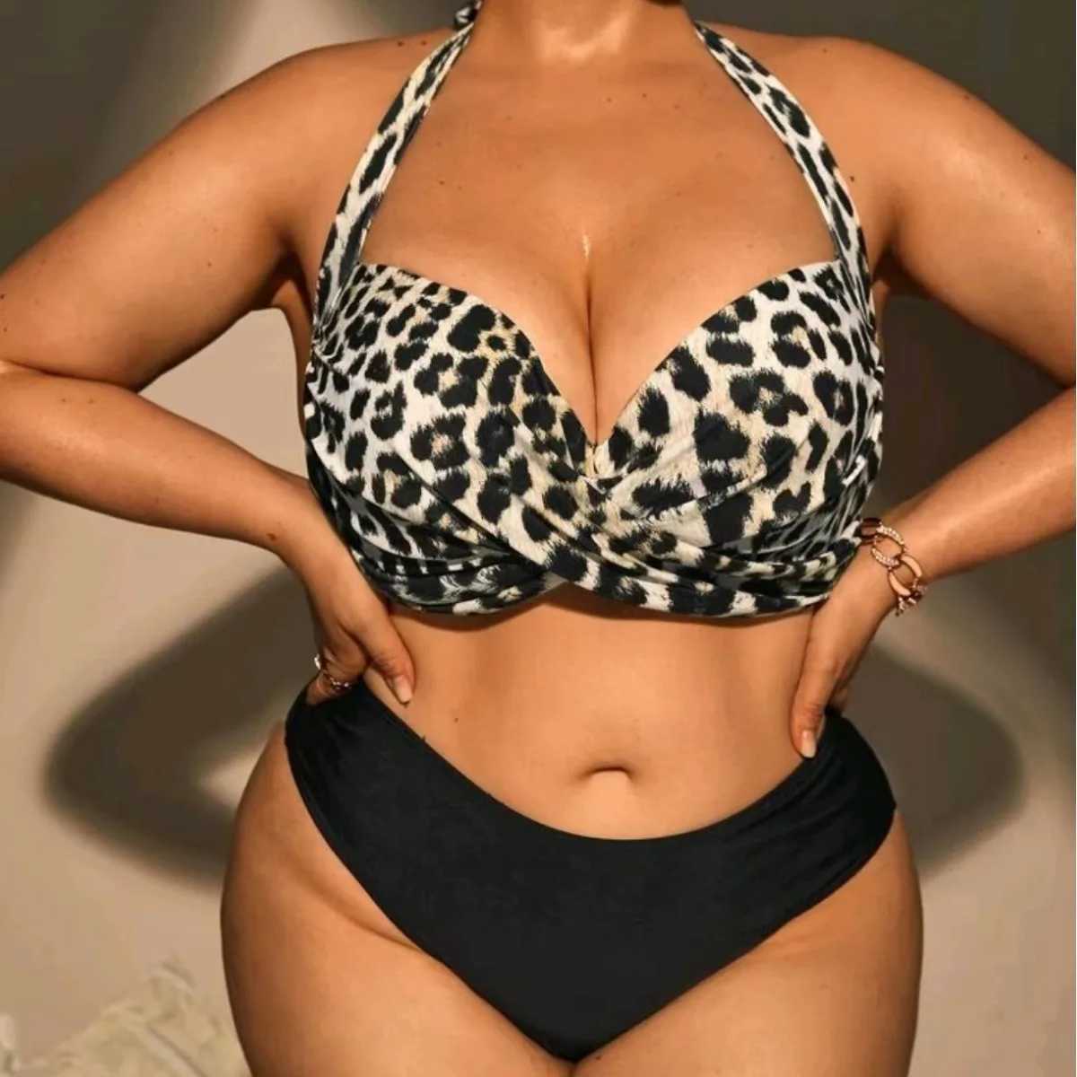 2025 Plus Size 4XL Womens Two-Piece Underwire Bikini Set with Padded Bra Full Bust Support Swimwear Leopard Print Bathing Suit XJ250624