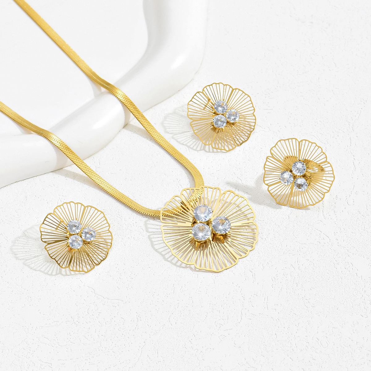 Korean Style Fresh Sweet Women S Earrings Necklace Set Personality Flower Exaggerated Design Index Finger Ring Jewelry