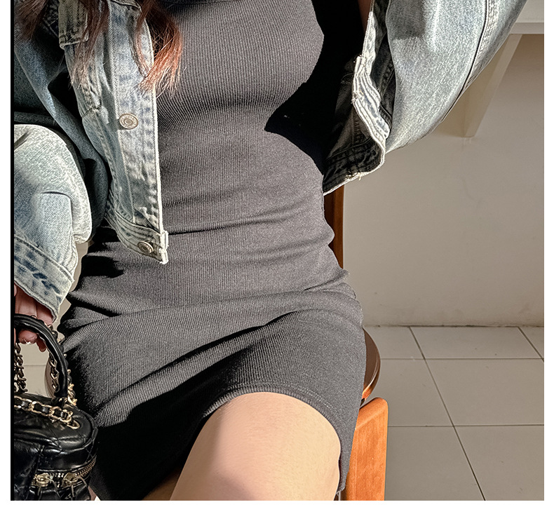 KD77 Cotton Base Vest Hip Skirt Gray Knitted Suspender Dress