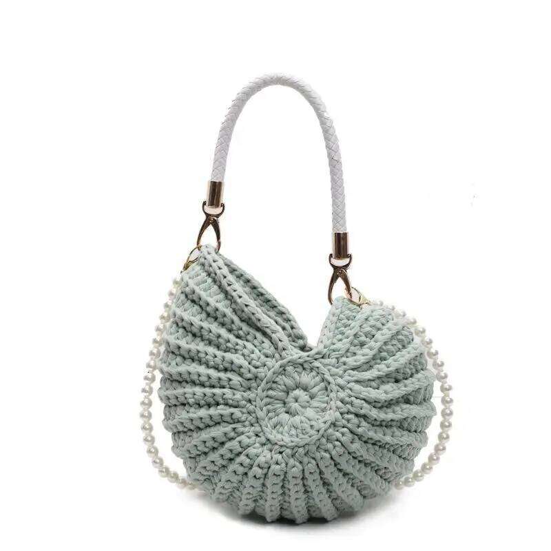 Fashion Conch Shaped Crochet Women Shoulde Bags Funny Cute Pearls Chains Handmade Weave Crossbody Bag Novelty Small Handbags