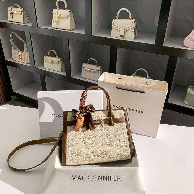 2025 Top Handle Shoulder Bag With Floral Embroidery Silk Scarf Decoration And High Quality Material Women Handbag